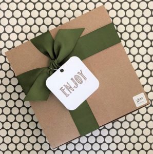 Glow Gifts Kraft Square Box with Green Ribbon