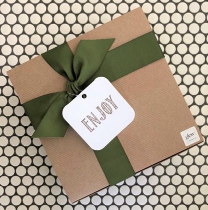 Glow Gifts Kraft Square Box with Green Ribbon